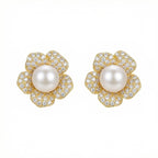 925 Sterling Silver Elegant Flower-Shaped Cultured Pearl and Sparkling Cubic Zirconia Stud Earrings NP Collection