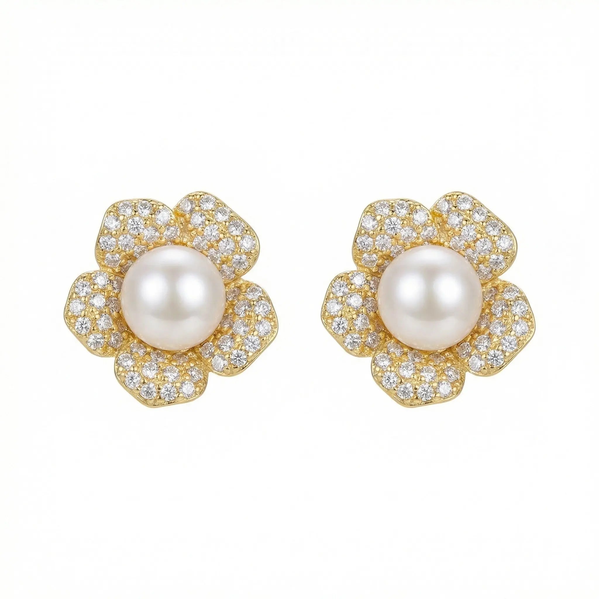 925 Sterling Silver Elegant Flower-Shaped Cultured Pearl and Sparkling Cubic Zirconia Stud Earrings NP Collection