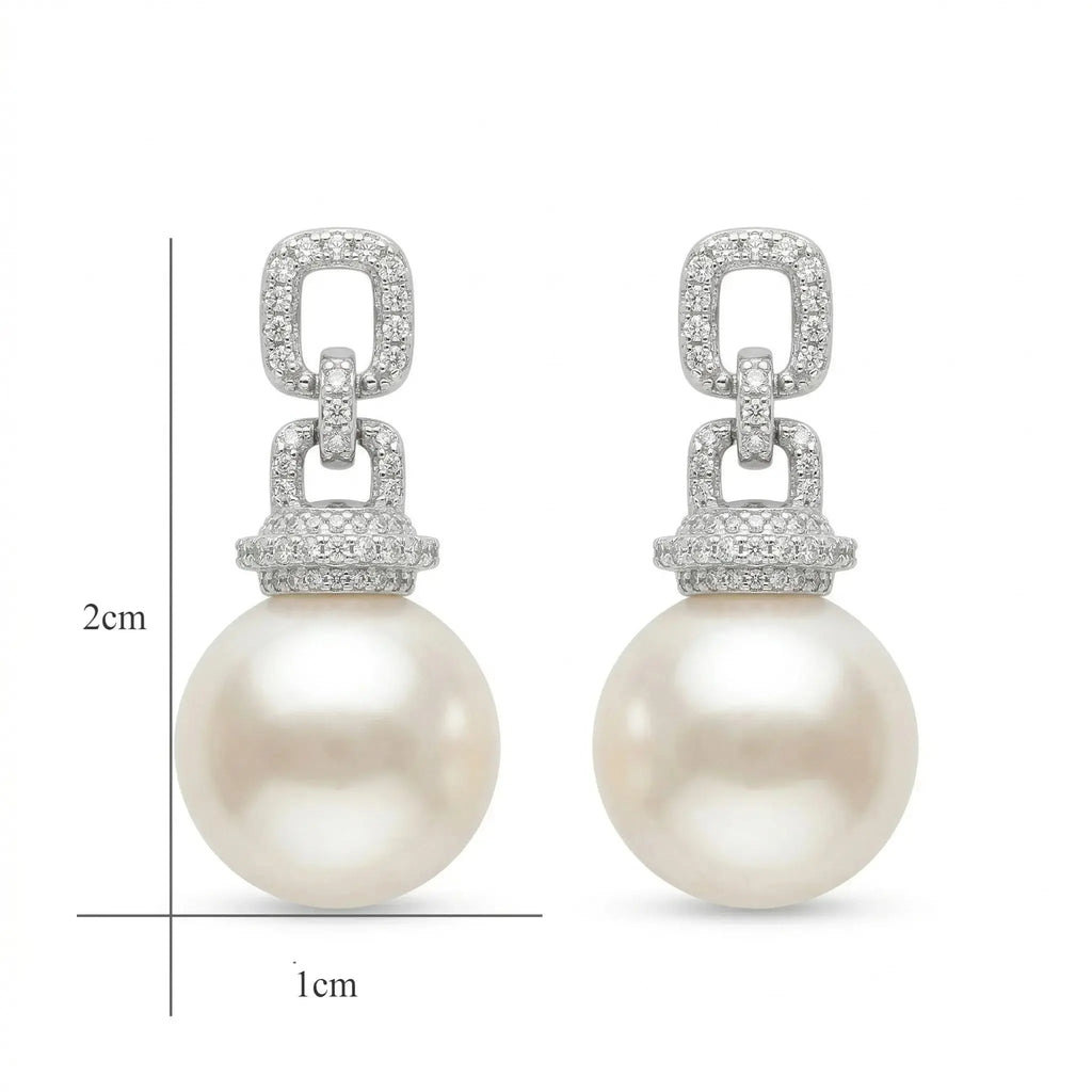 925 Sterling Silver Elegant White Pearl Drop Earrings with Pave Diamond Geometric Links NP Collection