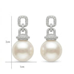925 Sterling Silver Elegant White Pearl Drop Earrings with Pave Diamond Geometric Links NP Collection