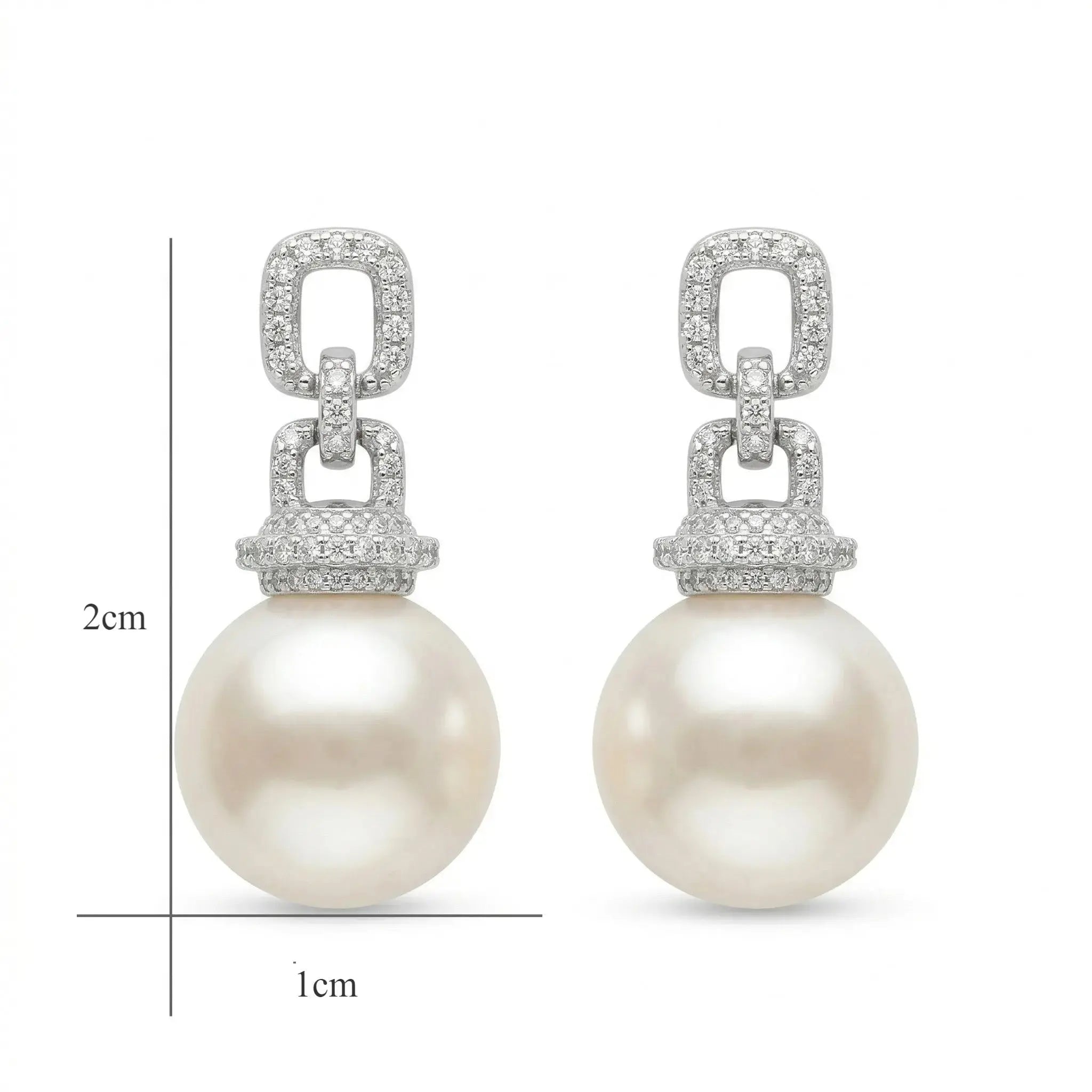 925 Sterling Silver Elegant White Pearl Drop Earrings with Pave Diamond Geometric Links NP Collection