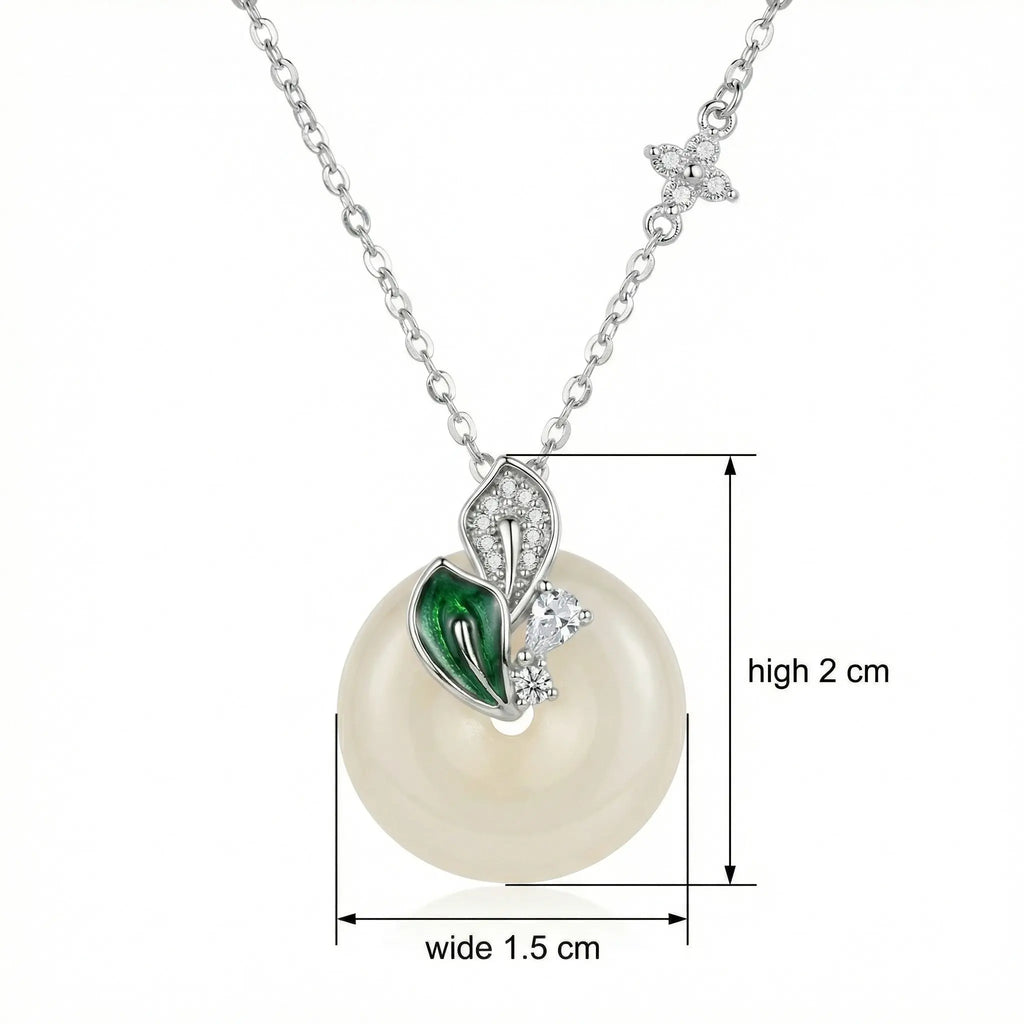 925 Sterling Silver Elegant White Round Pendant Necklace with Green Leaf Accents and Sparkling Silver Floral Chain NP Collection