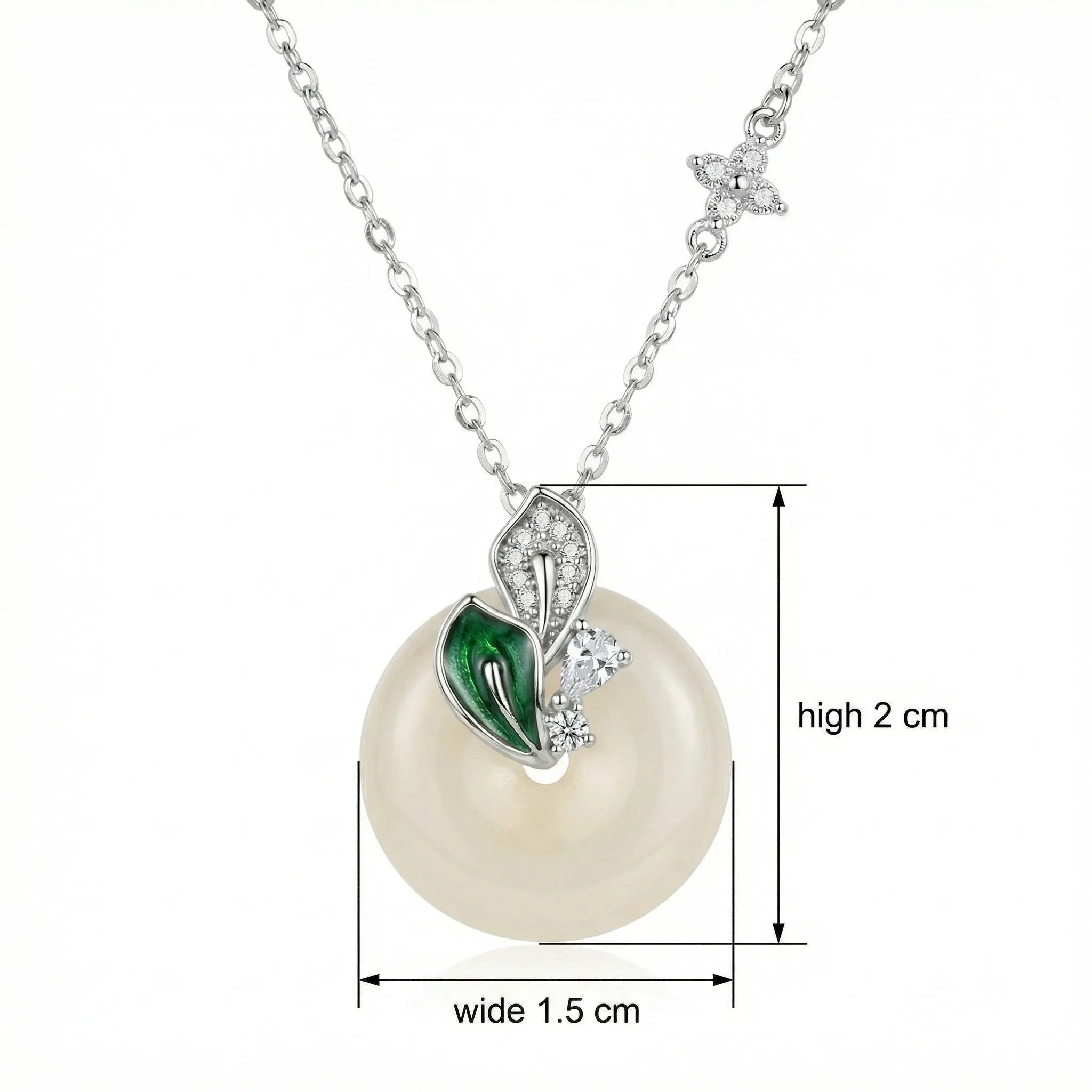 925 Sterling Silver Elegant White Round Pendant Necklace with Green Leaf Accents and Sparkling Silver Floral Chain NP Collection