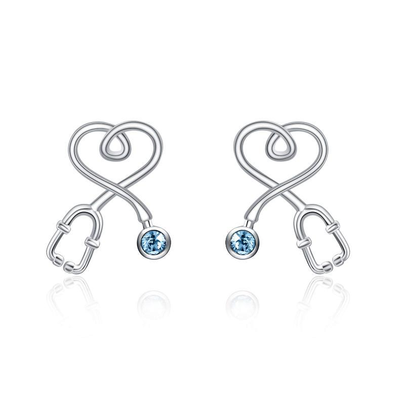 Sterling Silver Nurse Stethoscope with Blue Crystal Stud Earrings