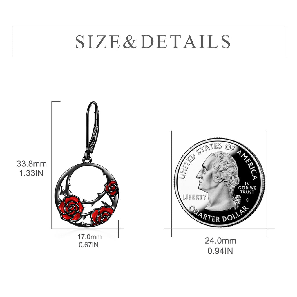 Sterling Silver Red Rose Flower Leverback Earrings