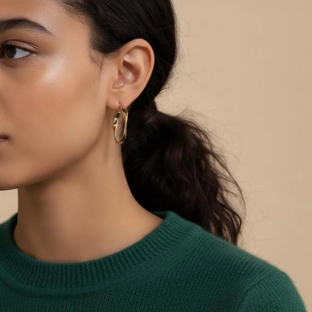 14K Gold Hoop Earrings Twisted Thick Wave Design