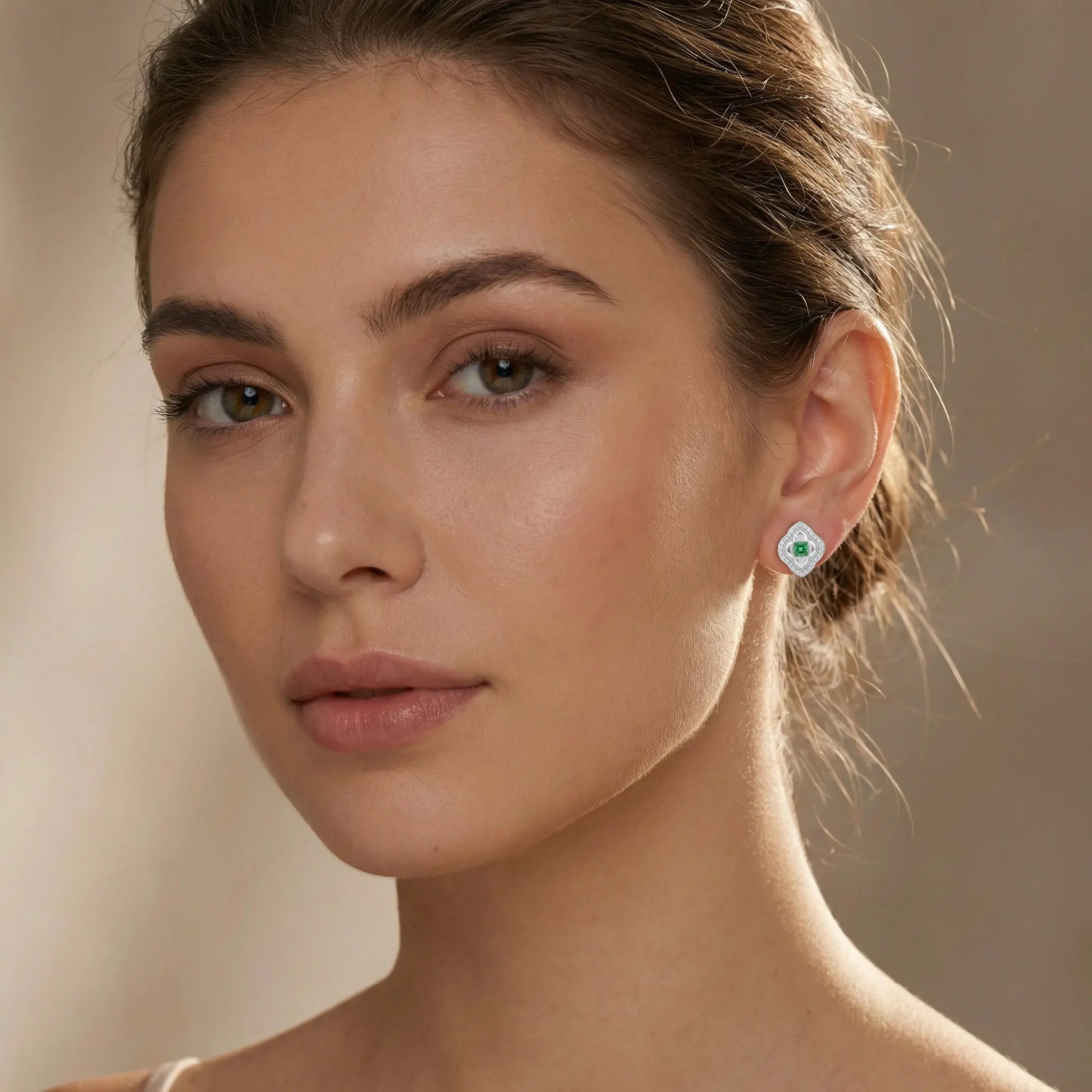 925 Sterling Silver Elegant Emerald and CZ-Encrusted Rose-Toned Quatrefoil Halo Stud Earrings