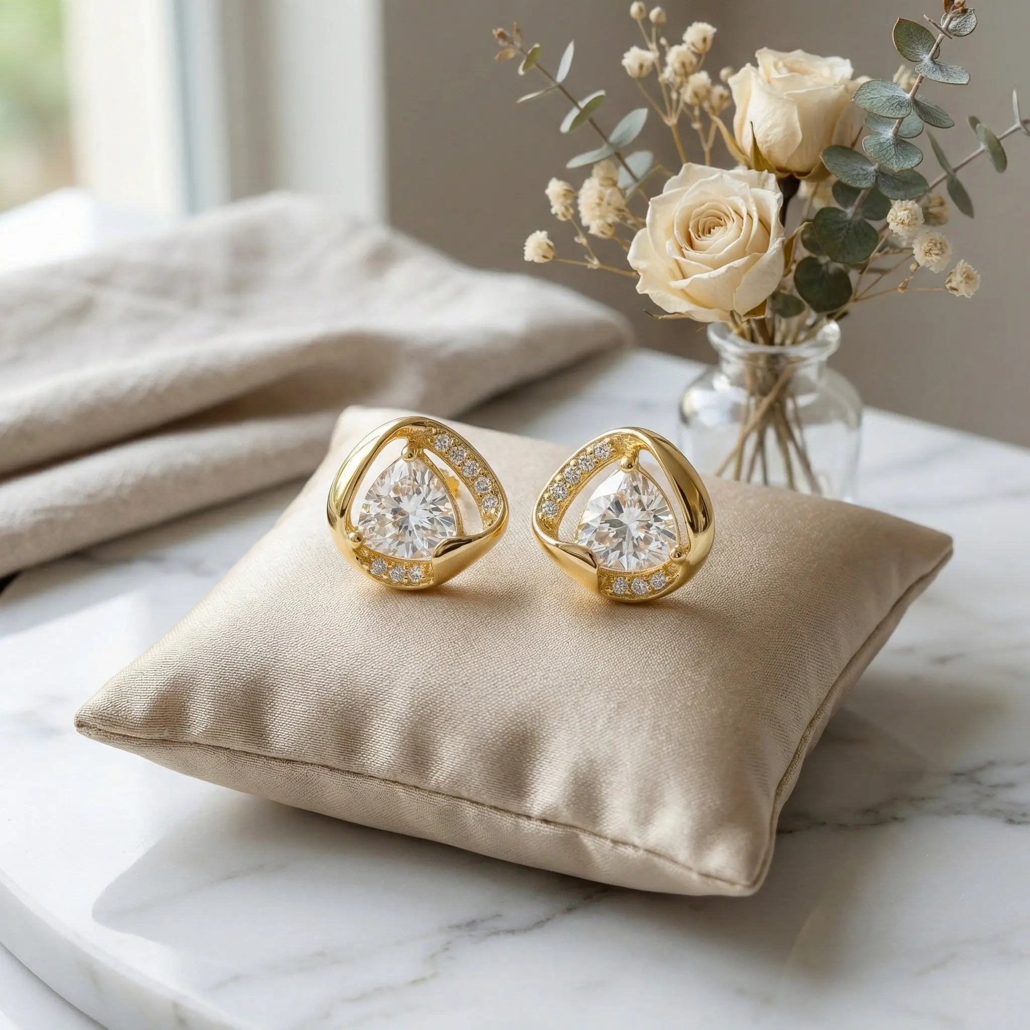 925 Sterling Silver Contemporary Trillion-Cut Stud Earrings Featuring Brilliant Pavé-Set Accents