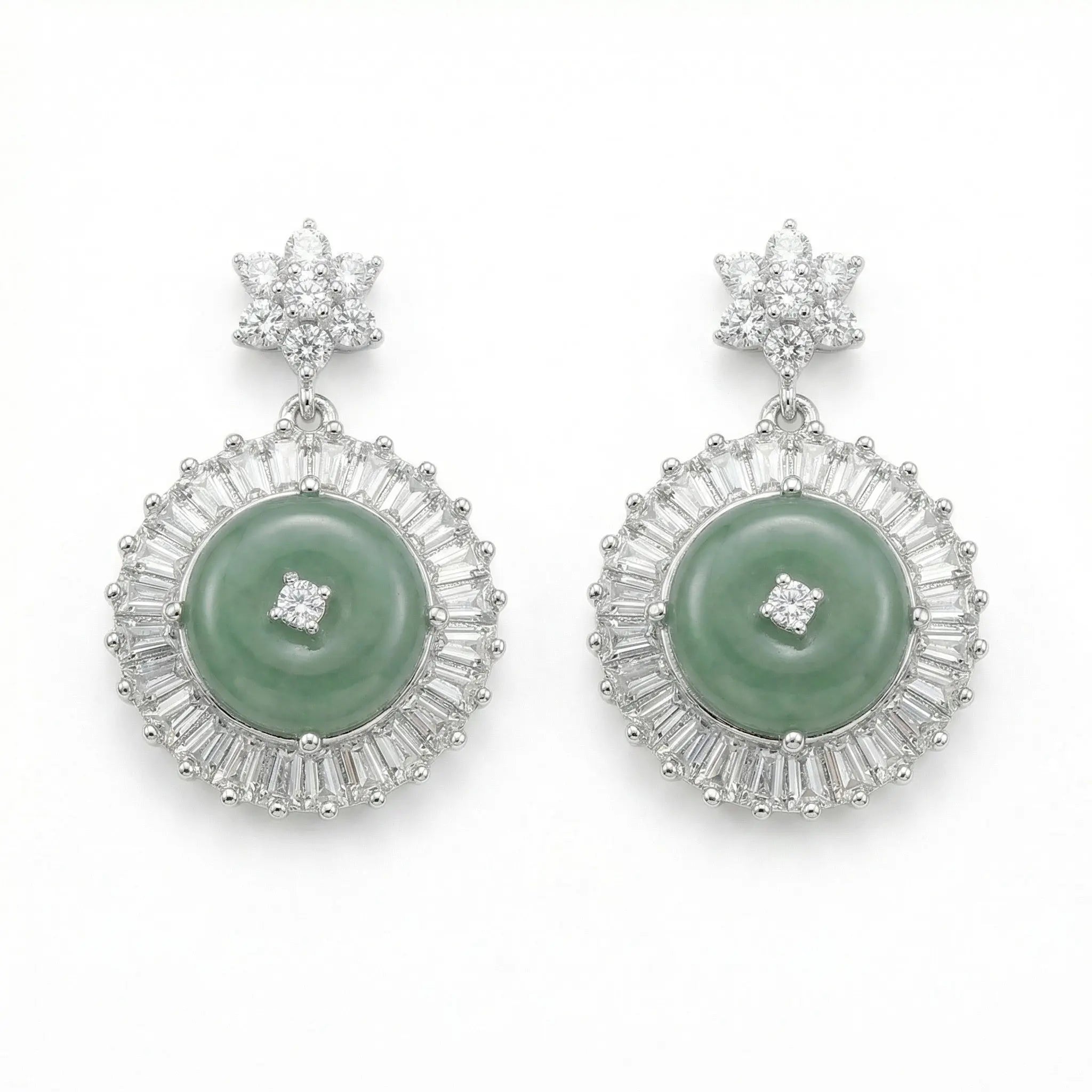 925 Sterling Silver Elegant Jade and CZ Halo Drop Earrings with Star Accents