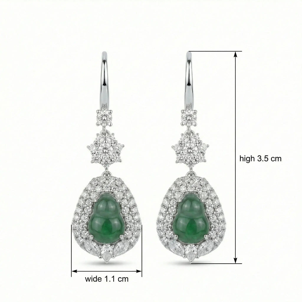 925 Sterling Silver Elegant Green Jadeite Jade Hulu Drop Earrings with CZ Halo