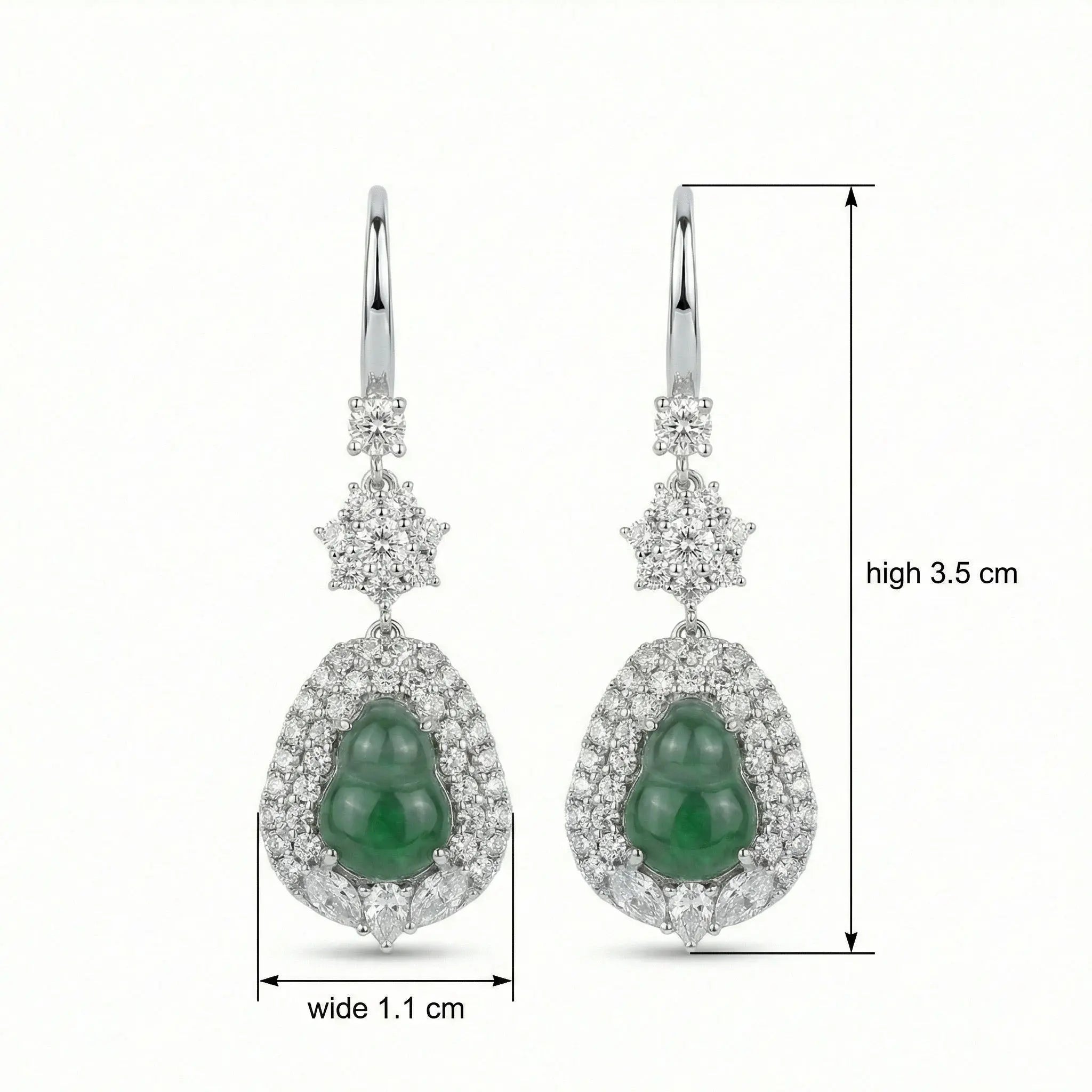925 Sterling Silver Elegant Green Jadeite Jade Hulu Drop Earrings with CZ Halo