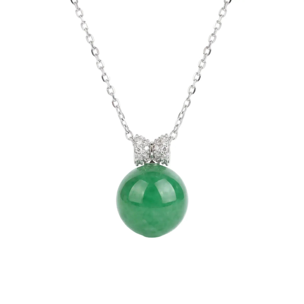 925 Sterling Silver Exquisite Round Green Jade Pendant Necklace with Sparkling Diamond-Encrusted Bail NP Collection