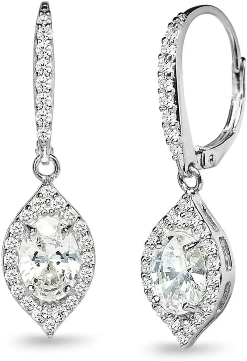Sterling Silver Oval Dangle Leverback Earrings Made with AAA Cubic Zirconia
