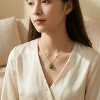 925 Sterling Silver Green Jadeite Lucky Cat Pendant Necklace for Good Fortune and Prosperity NP Collection