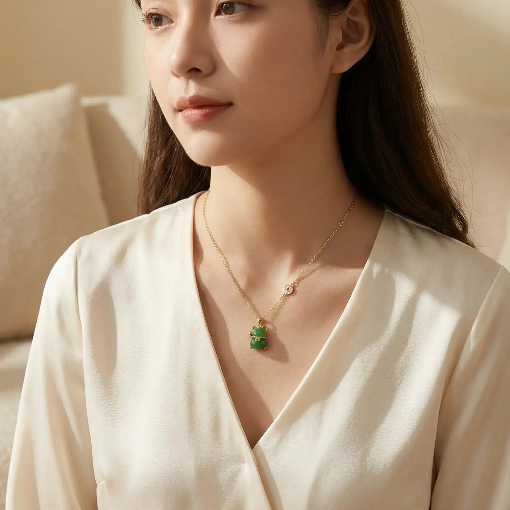 925 Sterling Silver Green Jadeite Lucky Cat Pendant Necklace for Good Fortune and Prosperity NP Collection