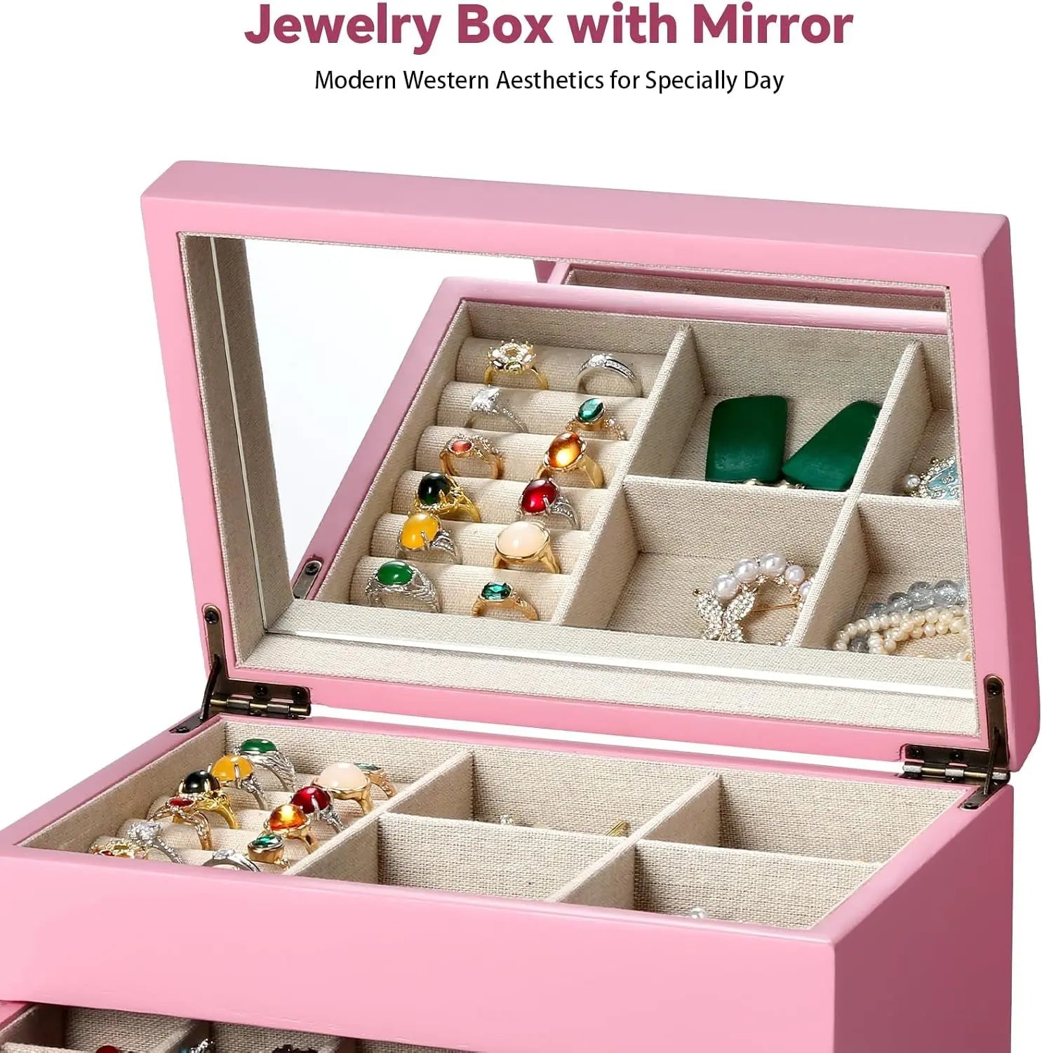 Jewelry Box Organizer for Women, 3 Layer Large Jewelry Storage Case, Rustic Wooden Jewelry Box with Mirror & Ring Tray for Necklace Earring Bracelets Rings, Vintage Style (Pink)