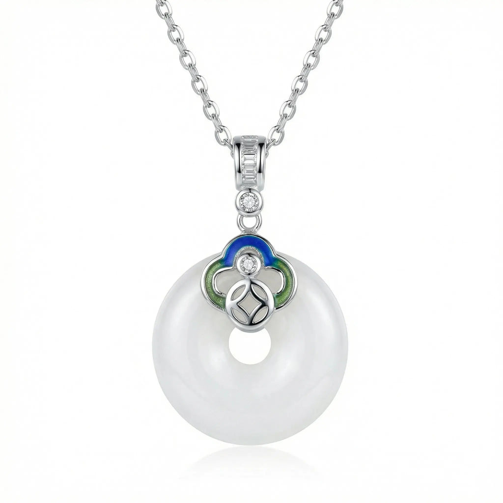 925 Sterling Silver Elegant White Jade Ping An Kou Pendant Necklace with Colorful Enamel and Zircon Detailing NP Collection