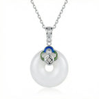 925 Sterling Silver Elegant White Jade Ping An Kou Pendant Necklace with Colorful Enamel and Zircon Detailing NP Collection