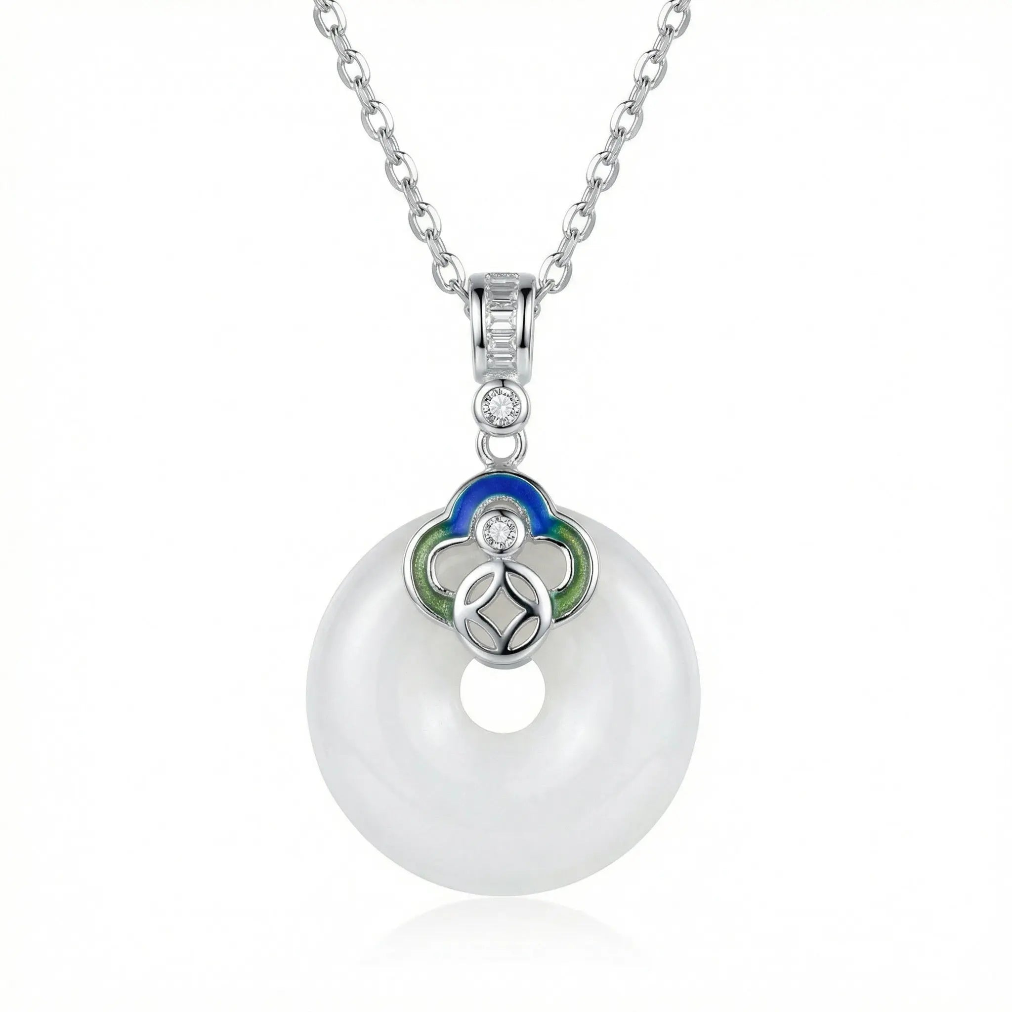 925 Sterling Silver Elegant White Jade Ping An Kou Pendant Necklace with Colorful Enamel and Zircon Detailing NP Collection