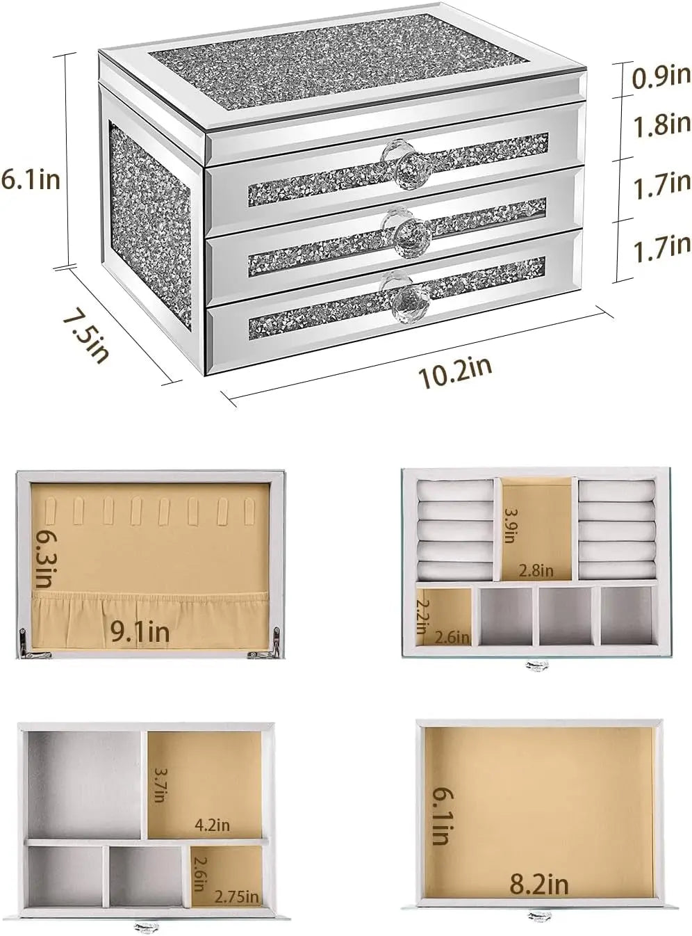 Jewelry Boxes for Women Modern Glass Jewelry Box Organizer 3-Layer 2 Drawers,Lots of Storage Space,Best Birthday Gifts for Women/Silver