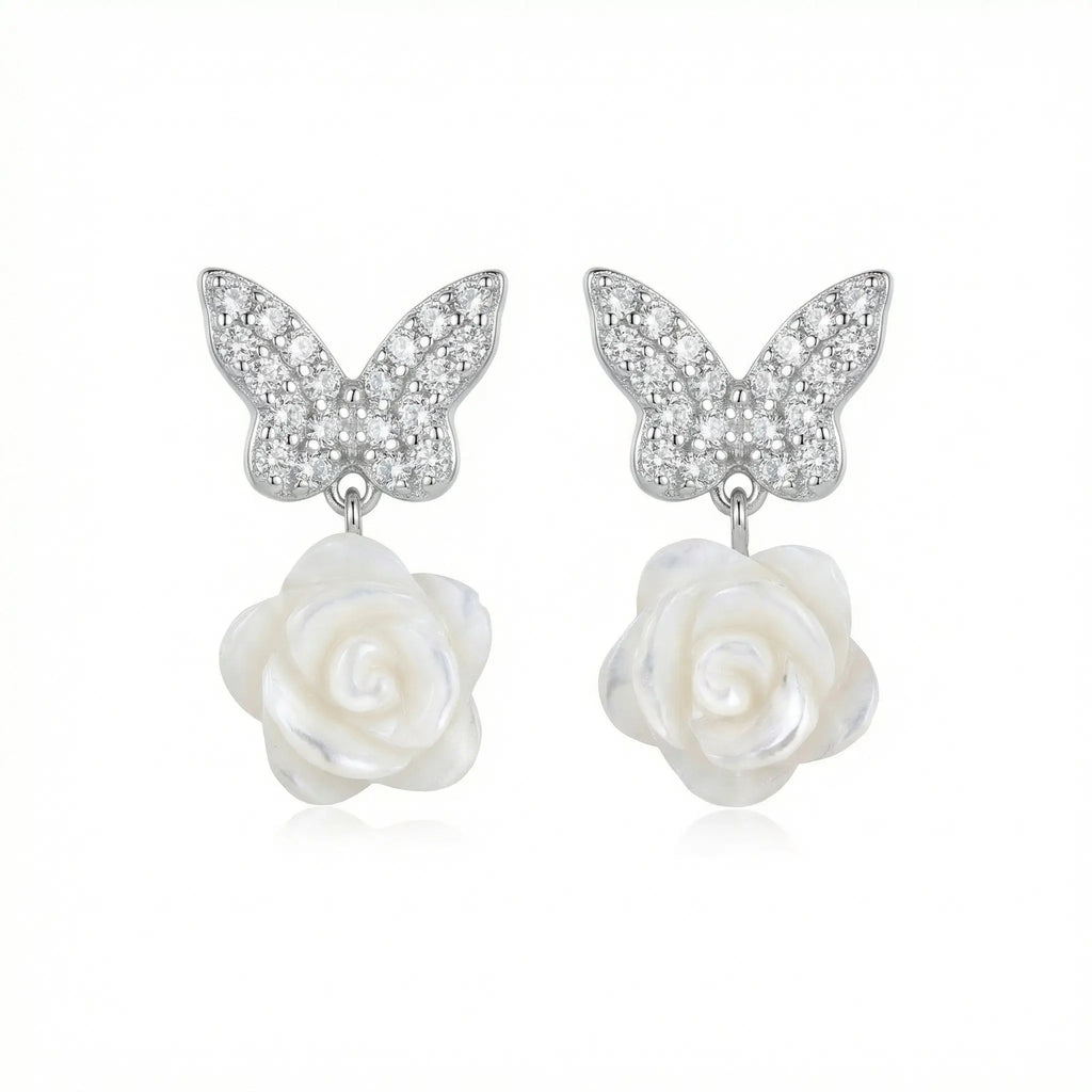 925 Sterling Silver Sparkling Butterfly and Elegant White Rose Mother-of-Pearl Drop Earrings