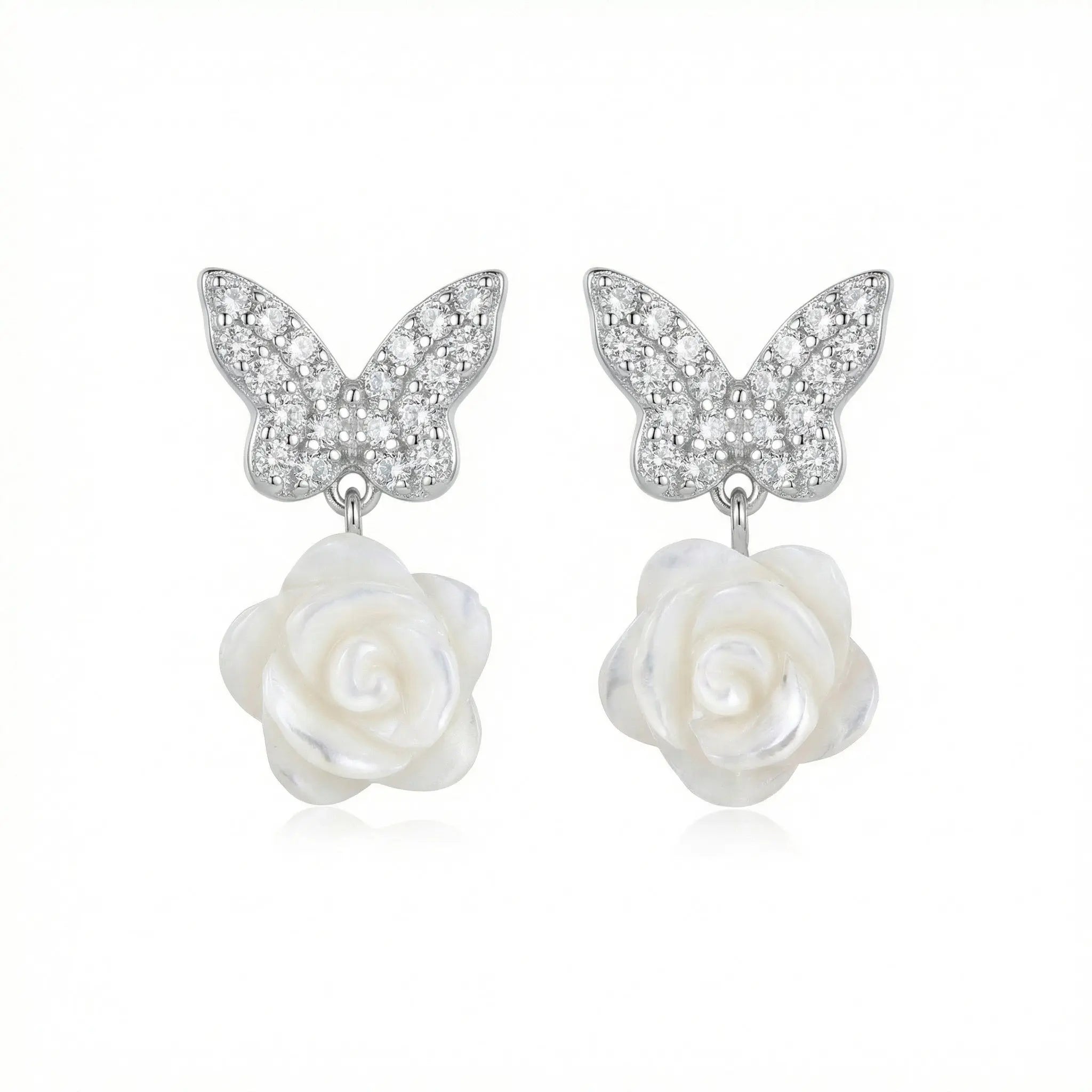 925 Sterling Silver Sparkling Butterfly and Elegant White Rose Mother-of-Pearl Drop Earrings