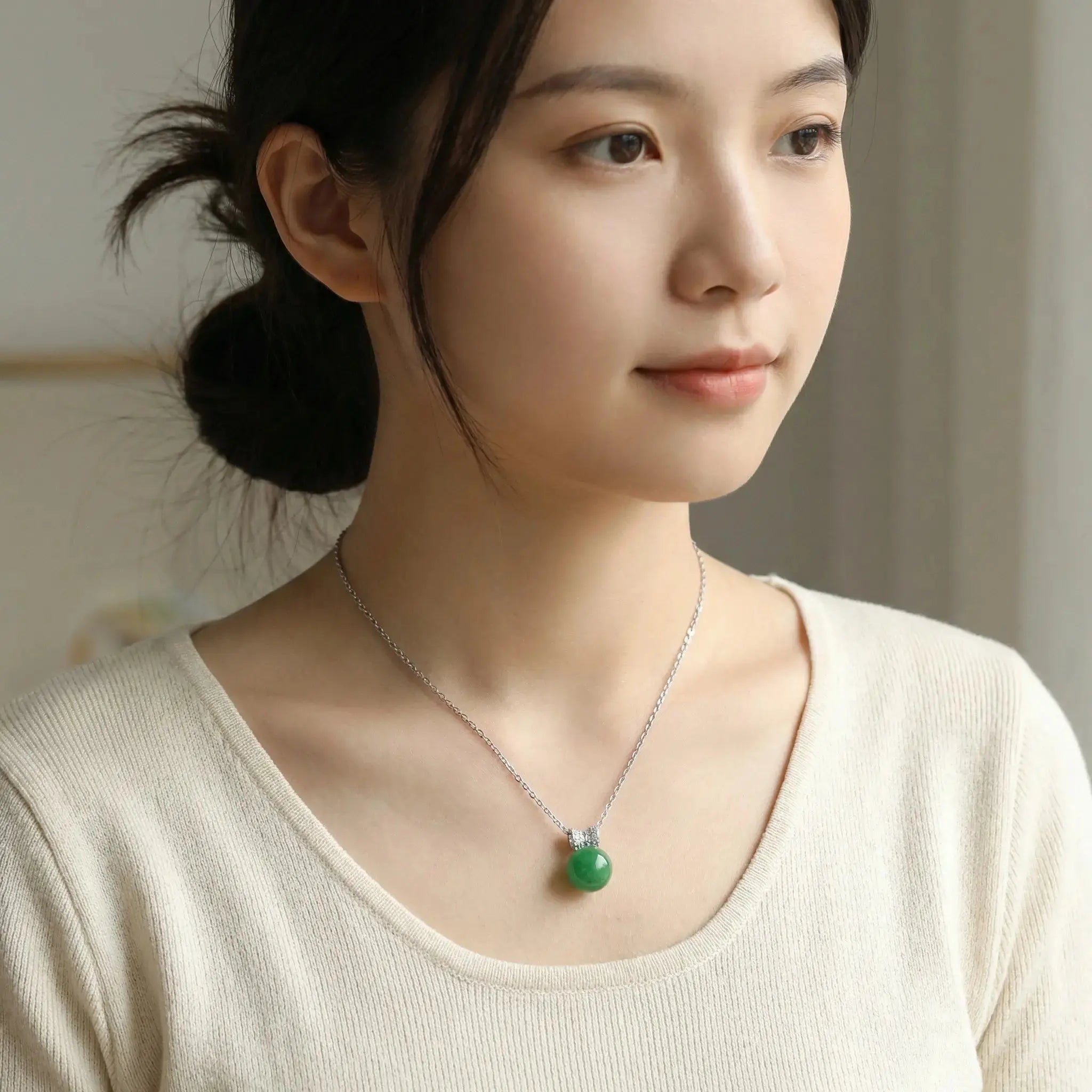 925 Sterling Silver Exquisite Round Green Jade Pendant Necklace with Sparkling Diamond-Encrusted Bail NP Collection
