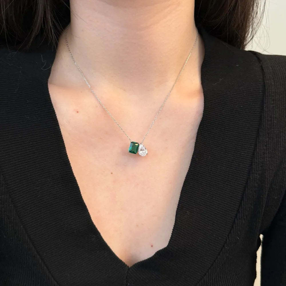 S925 Silver Double Main Stone Rectangular Water Drop Simple Necklace