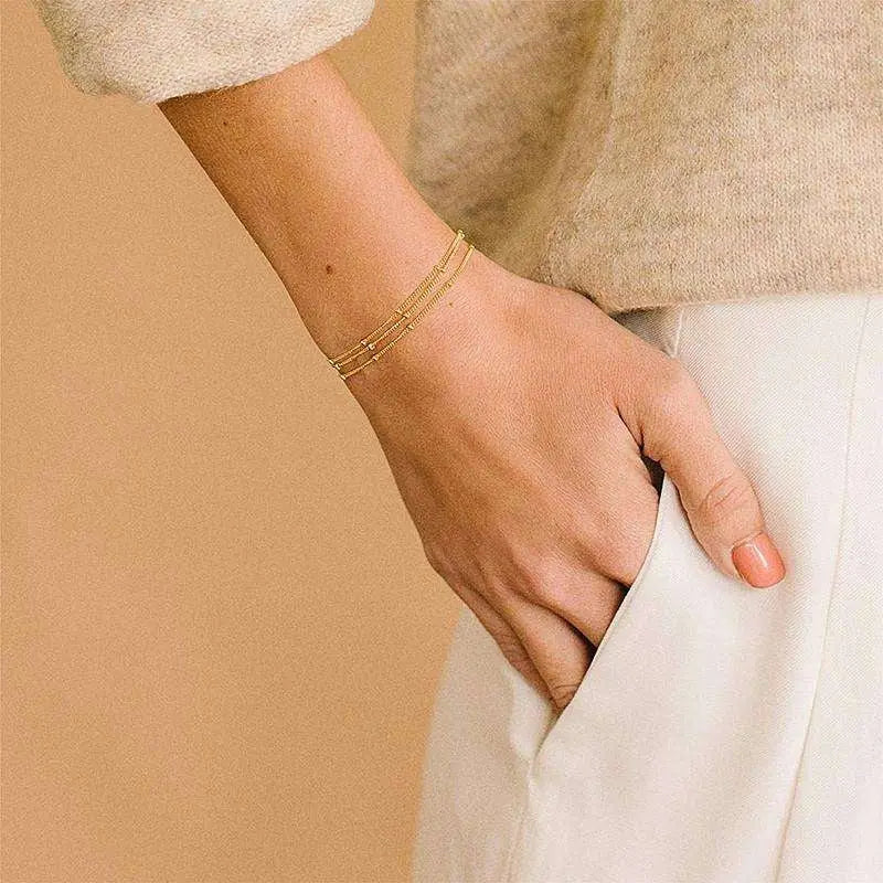 Dainty Gold Bracelets For Women, 14K Gold Filled Adjustable Layered Bracelet Cute Oval Chain Bar Gold Bracelet