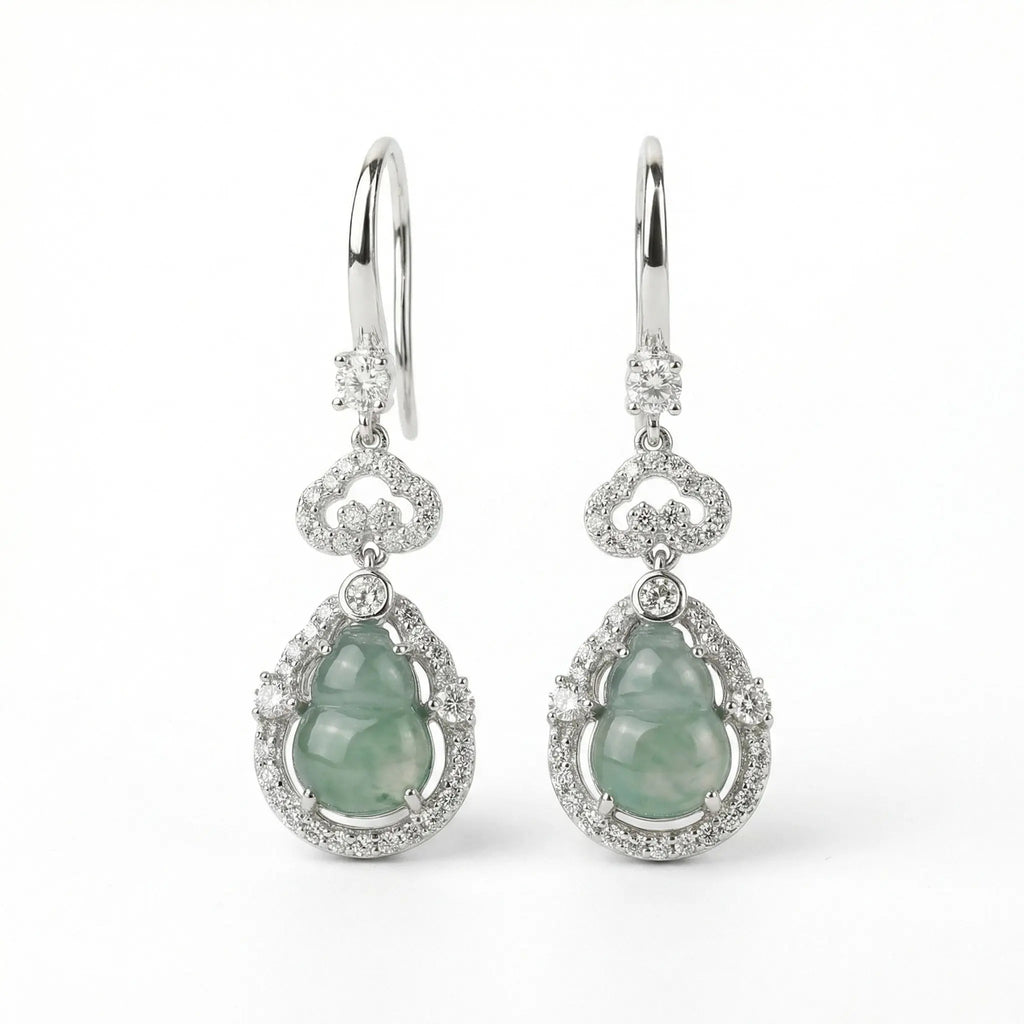 925 Sterling Silver Elegant Jadeite Gourd Drop Earrings with Shimmering Stone Accents in White Metal