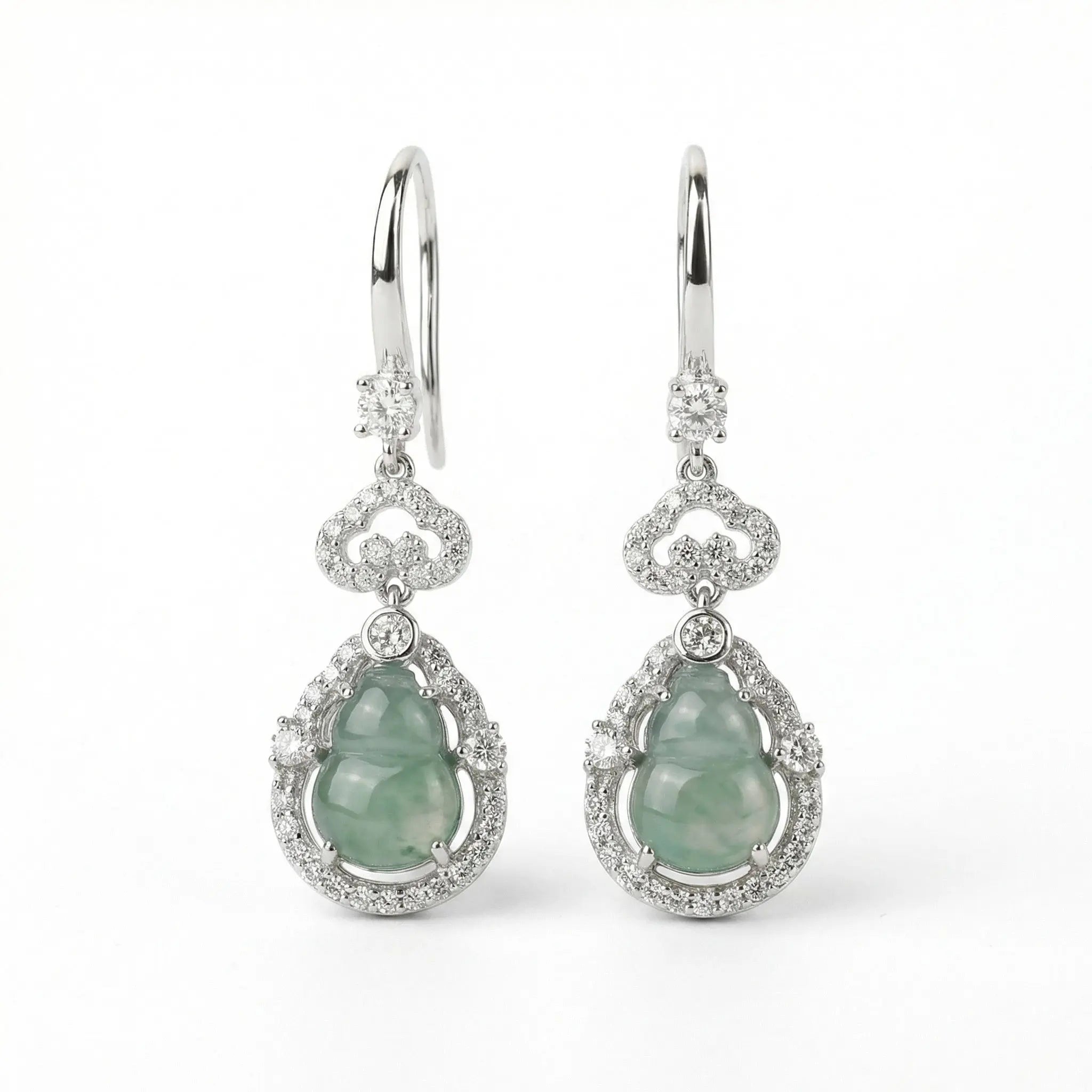 925 Sterling Silver Elegant Jadeite Gourd Drop Earrings with Shimmering Stone Accents in White Metal
