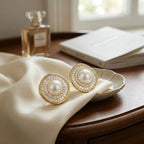 925 Sterling Silver Elegant Pearl Stud Earrings with Baguette and Round Diamond Sunburst Halo NP Collection