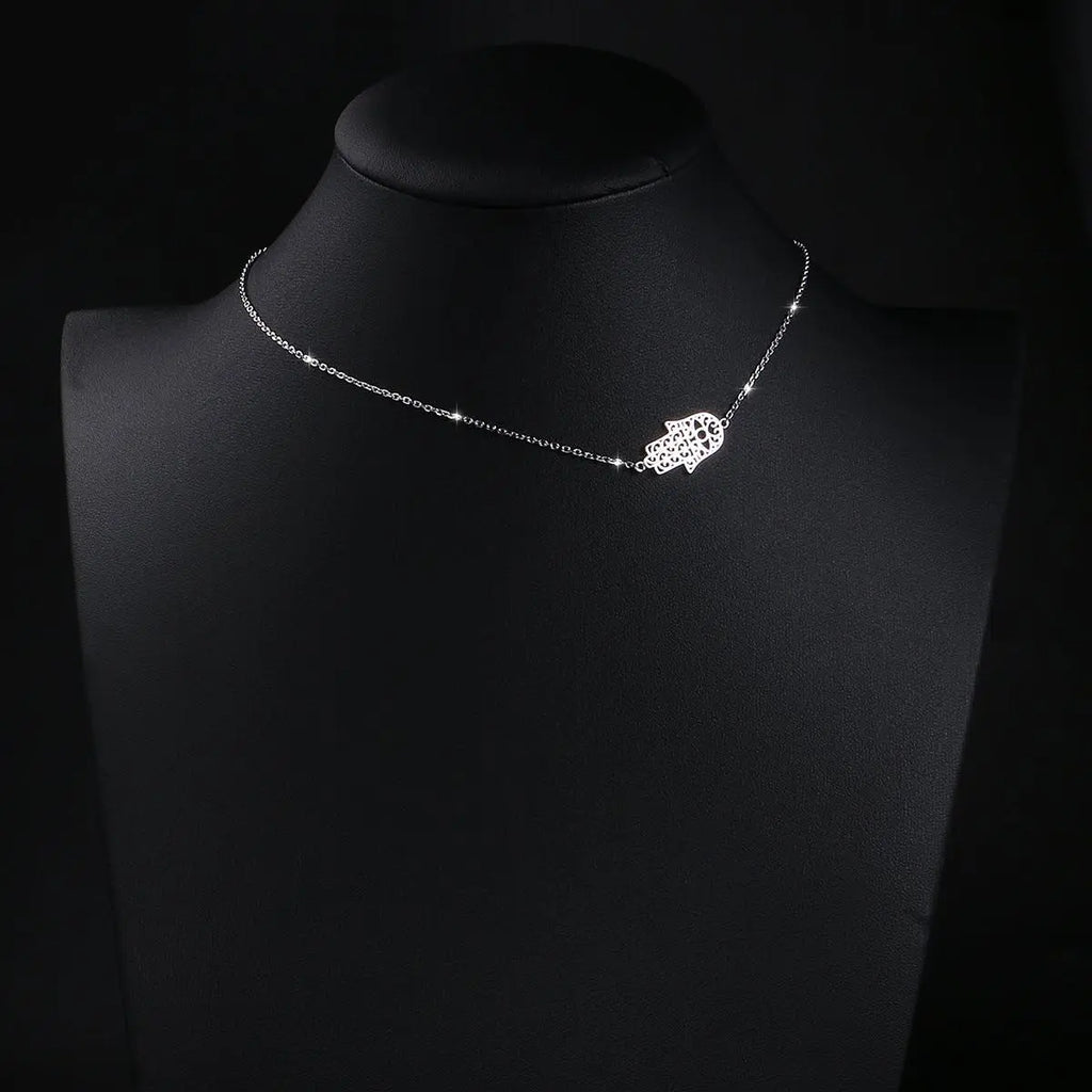 S925 Sterling Silver Jewelry Sideways Hamsa Hand Choker Necklace 14+4"