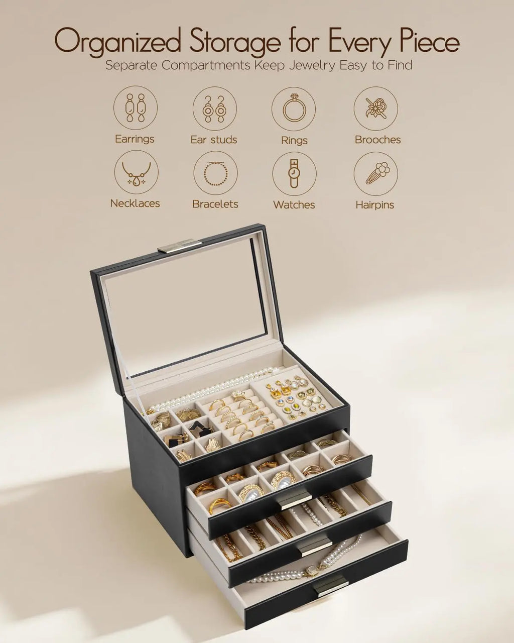 Jewelry Box Organizer for Women, 4-Layer Jewelry Storage Case with Glass Lid, Gold Handle, 3 Drawers for Rings, Earrings, Necklaces and Bracelets - Black