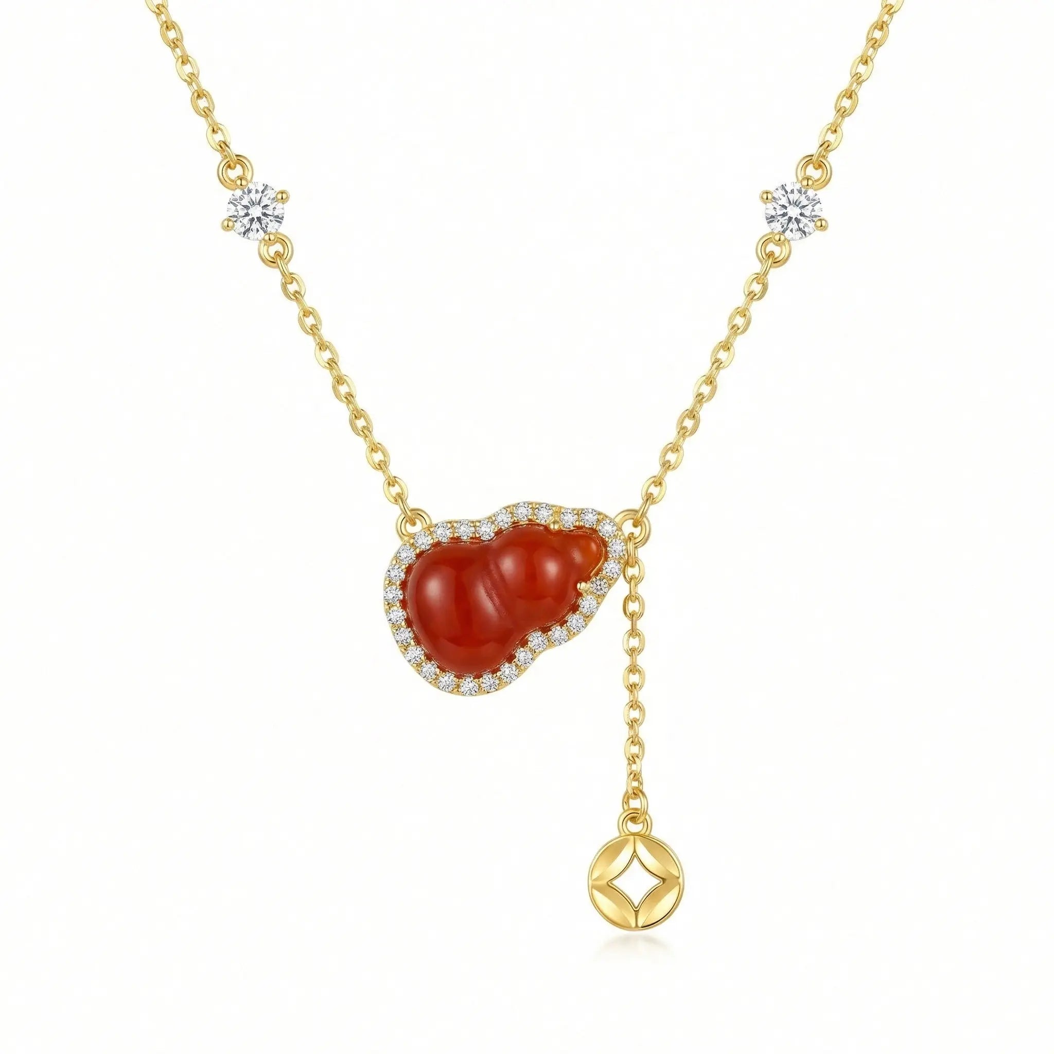 925 Sterling Silver Elegant Red Carnelian Hulu Pendant Necklace with Shimmering Accents and Coin Charm NP Collection