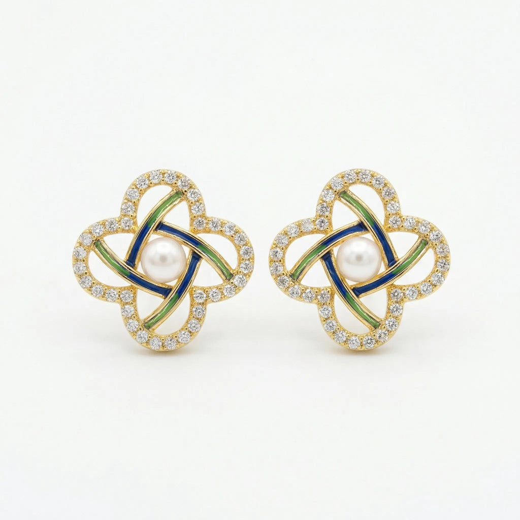 925 Sterling Silver Elegant Pearl Clover Stud Earrings with Blue Enamel and Sparkling Accents