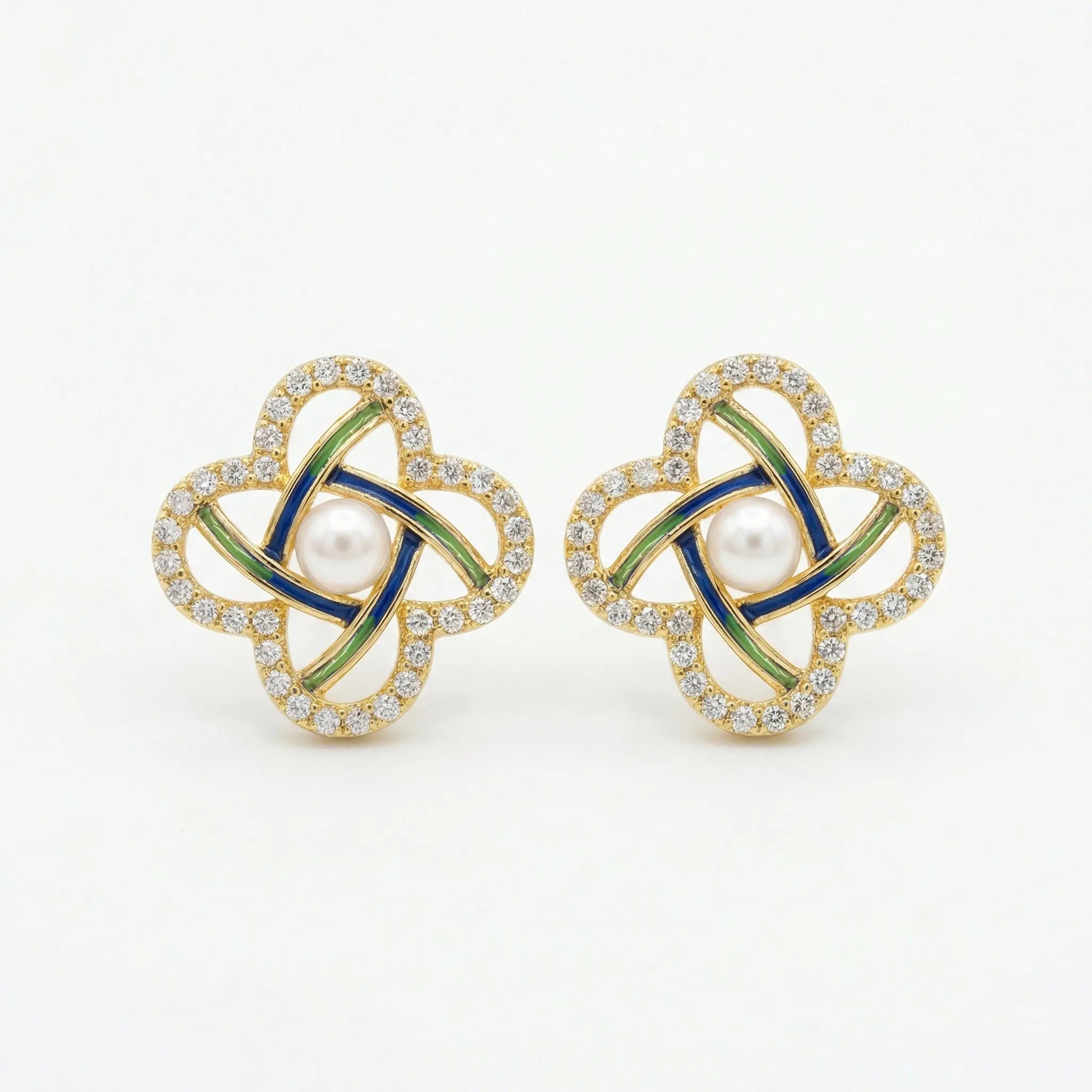 925 Sterling Silver Elegant Pearl Clover Stud Earrings with Blue Enamel and Sparkling Accents
