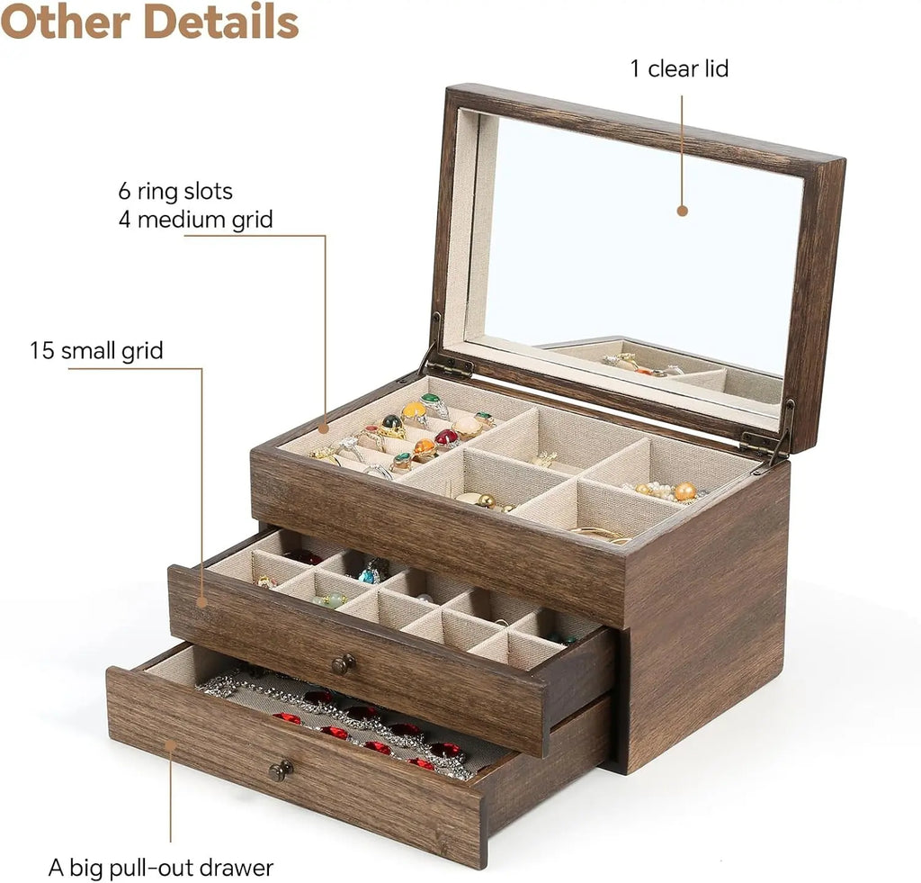 3 Layer Large Jewelry Storage Case, Rustic Wooden 
