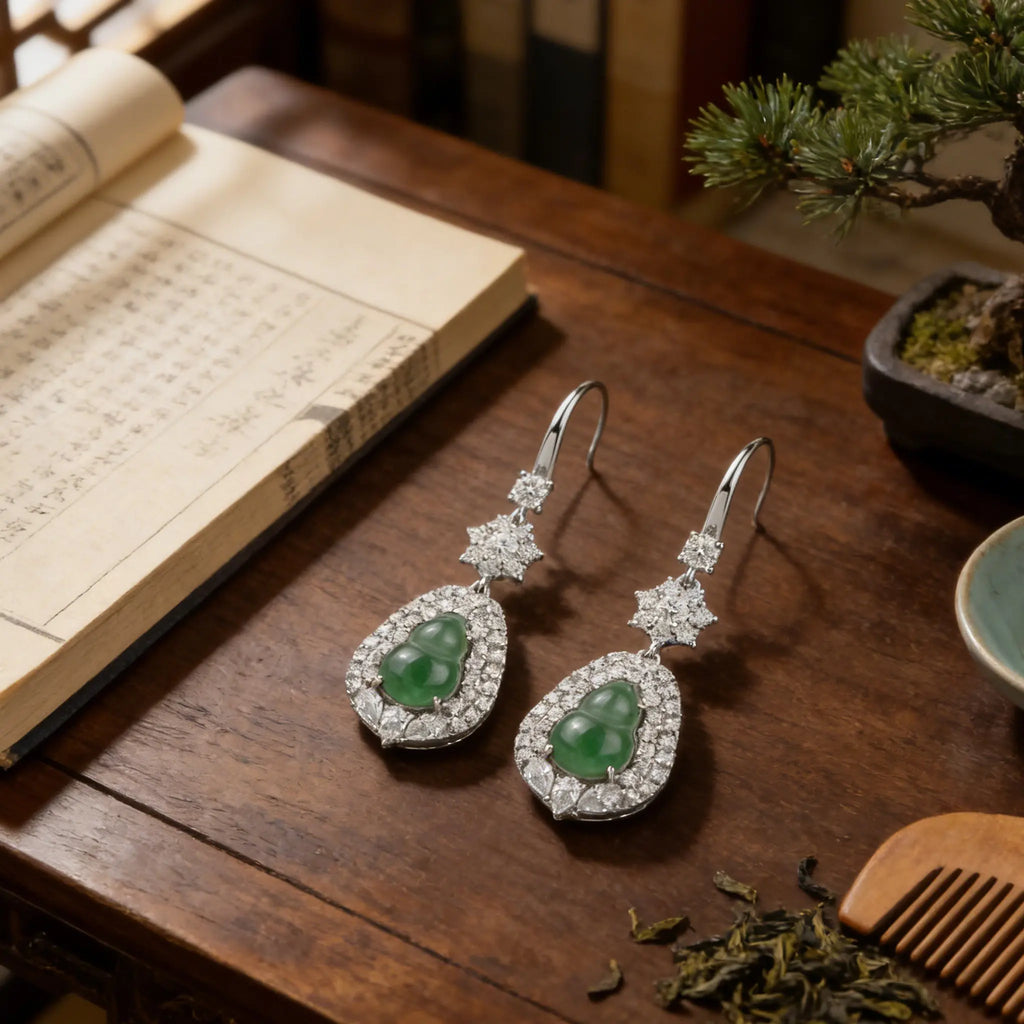 925 Sterling Silver Elegant Green Jadeite Jade Hulu Drop Earrings with CZ Halo