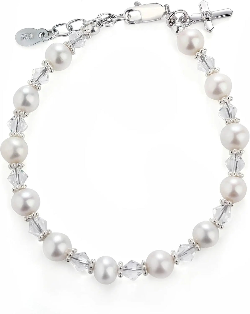 Pearl & Crystal Beaded Bracelet, .925 Sterling Silver 