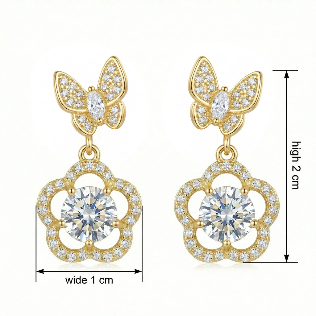 925 Sterling Silver Elegant Butterfly and Floral Drop Earrings Featuring Sparkling Brilliant Cut Stones