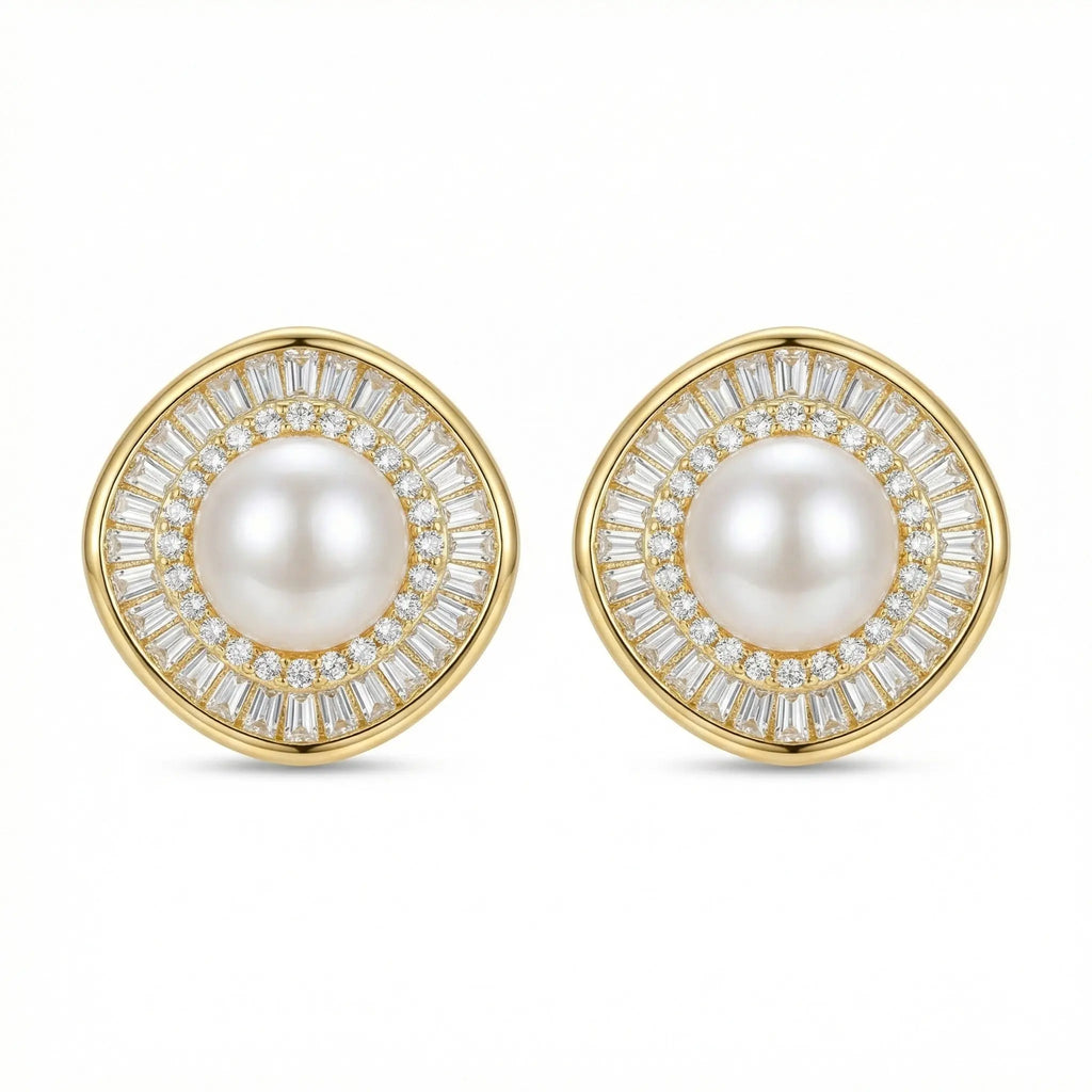 925 Sterling Silver Elegant Pearl Stud Earrings with Baguette and Round Diamond Sunburst Halo NP Collection