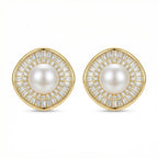 925 Sterling Silver Elegant Pearl Stud Earrings with Baguette and Round Diamond Sunburst Halo NP Collection
