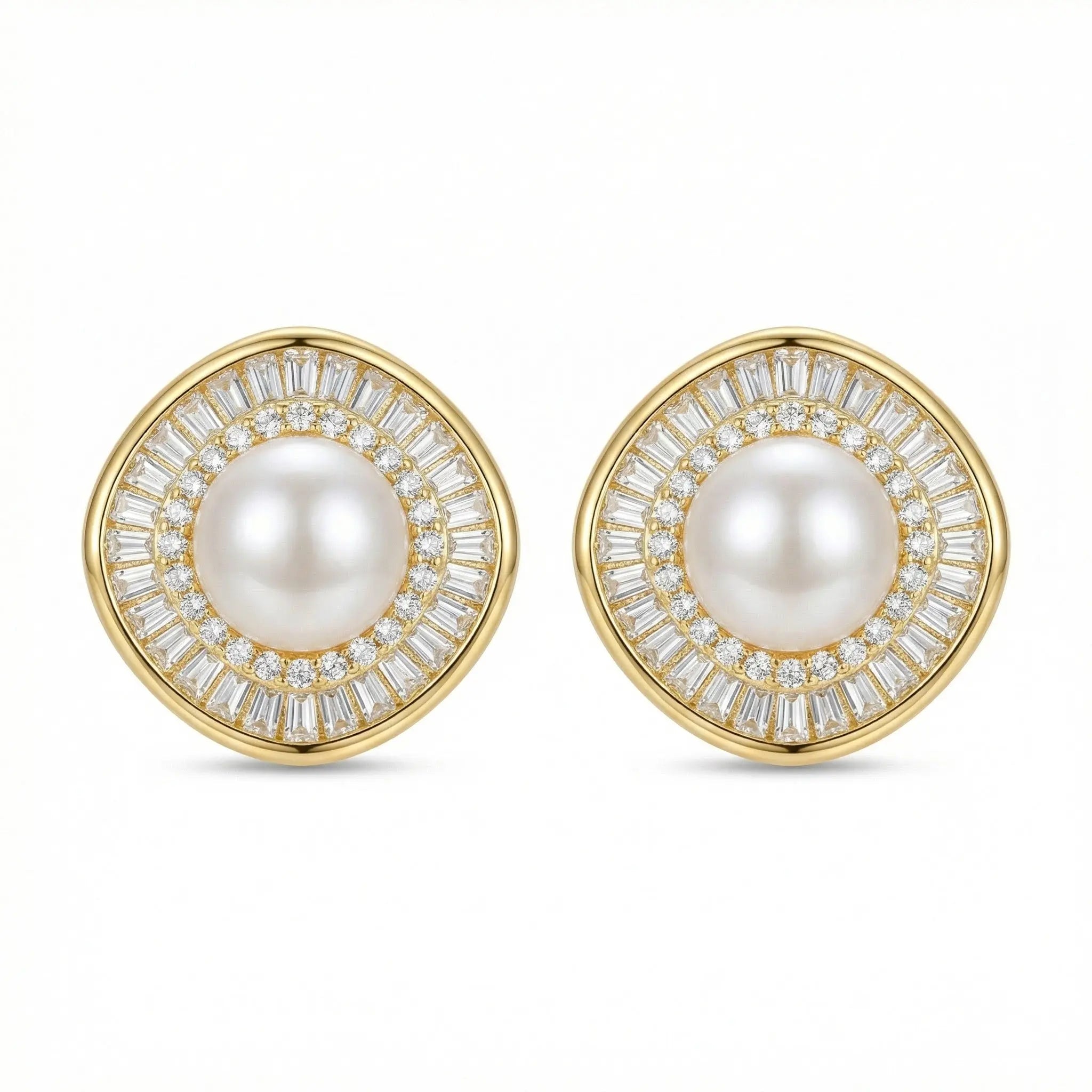 925 Sterling Silver Elegant Pearl Stud Earrings with Baguette and Round Diamond Sunburst Halo NP Collection