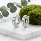 925 Sterling Silver Elegant Silver Green Emerald and Cubic Zirconia Huggie Hoop Earrings
