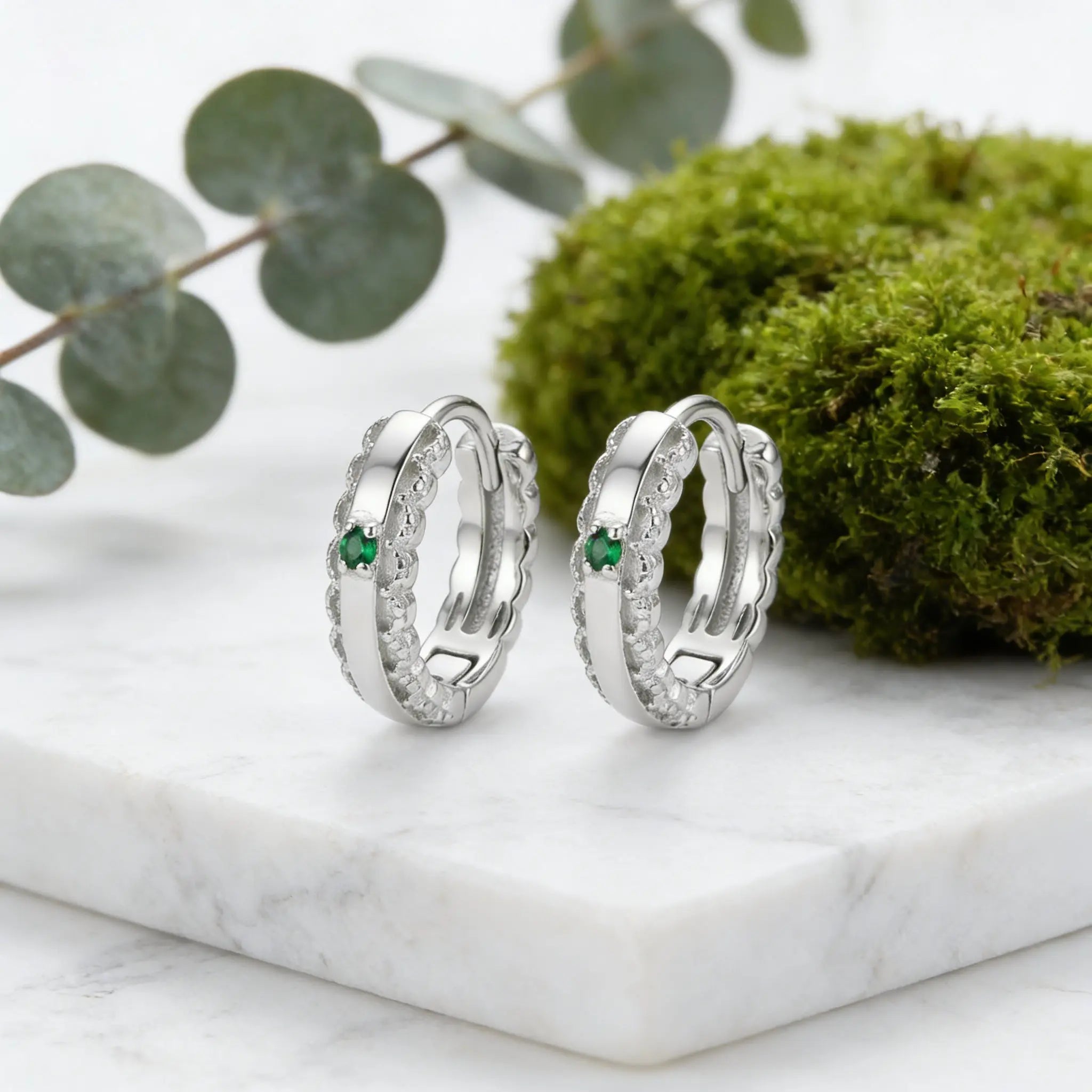 925 Sterling Silver Elegant Silver Green Emerald and Cubic Zirconia Huggie Hoop Earrings