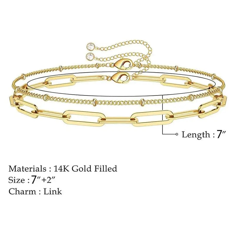 Dainty Gold Bracelets For Women, 14K Gold Filled Adjustable Layered Bracelet Cute Evil Eye Oval Chain Pearl Bar Turtle Gold Bracelet