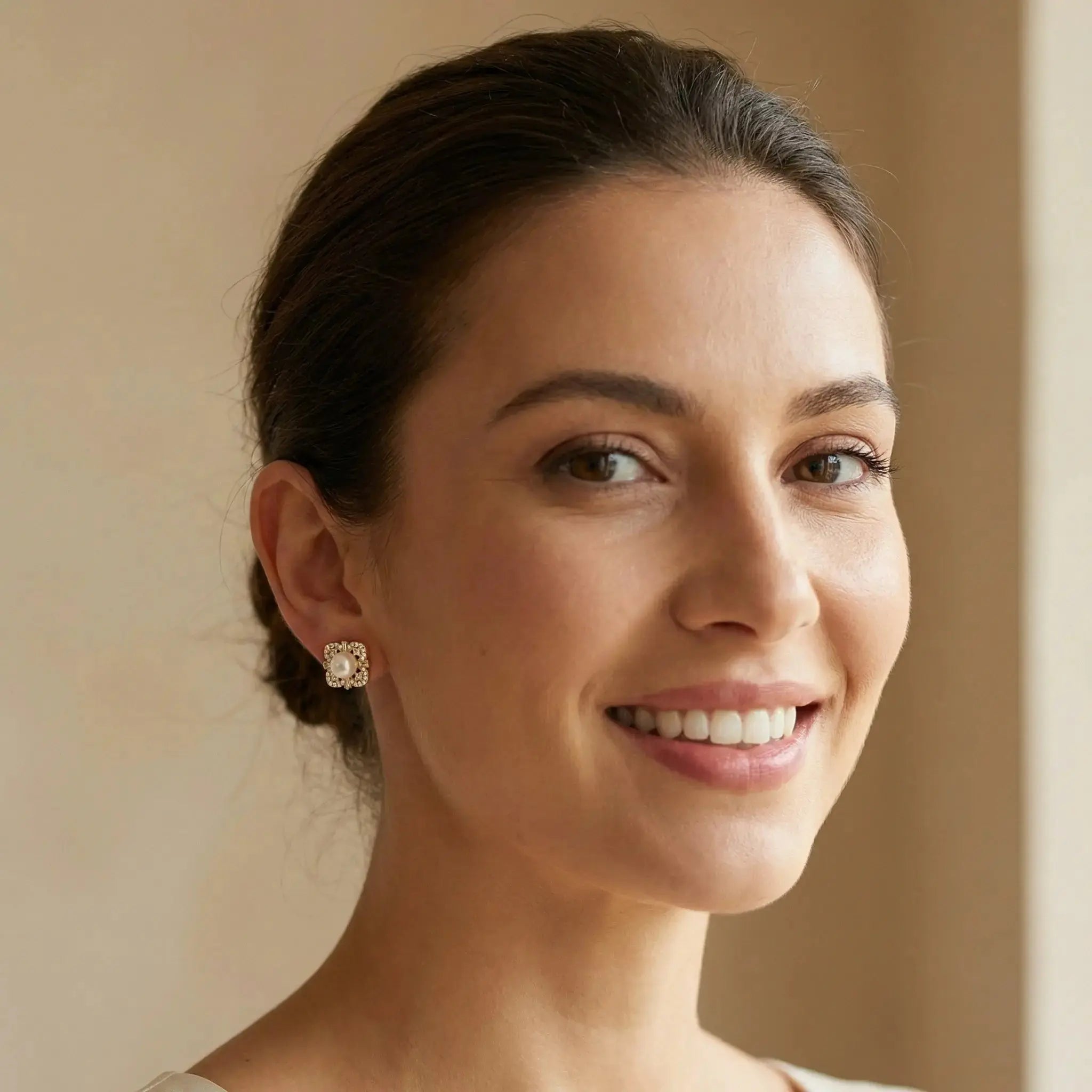 925 Sterling Silver Elegant Lustrous Pearl Earrings Studs with Ornate Geometric Gemstone Halo Frame NP Collection