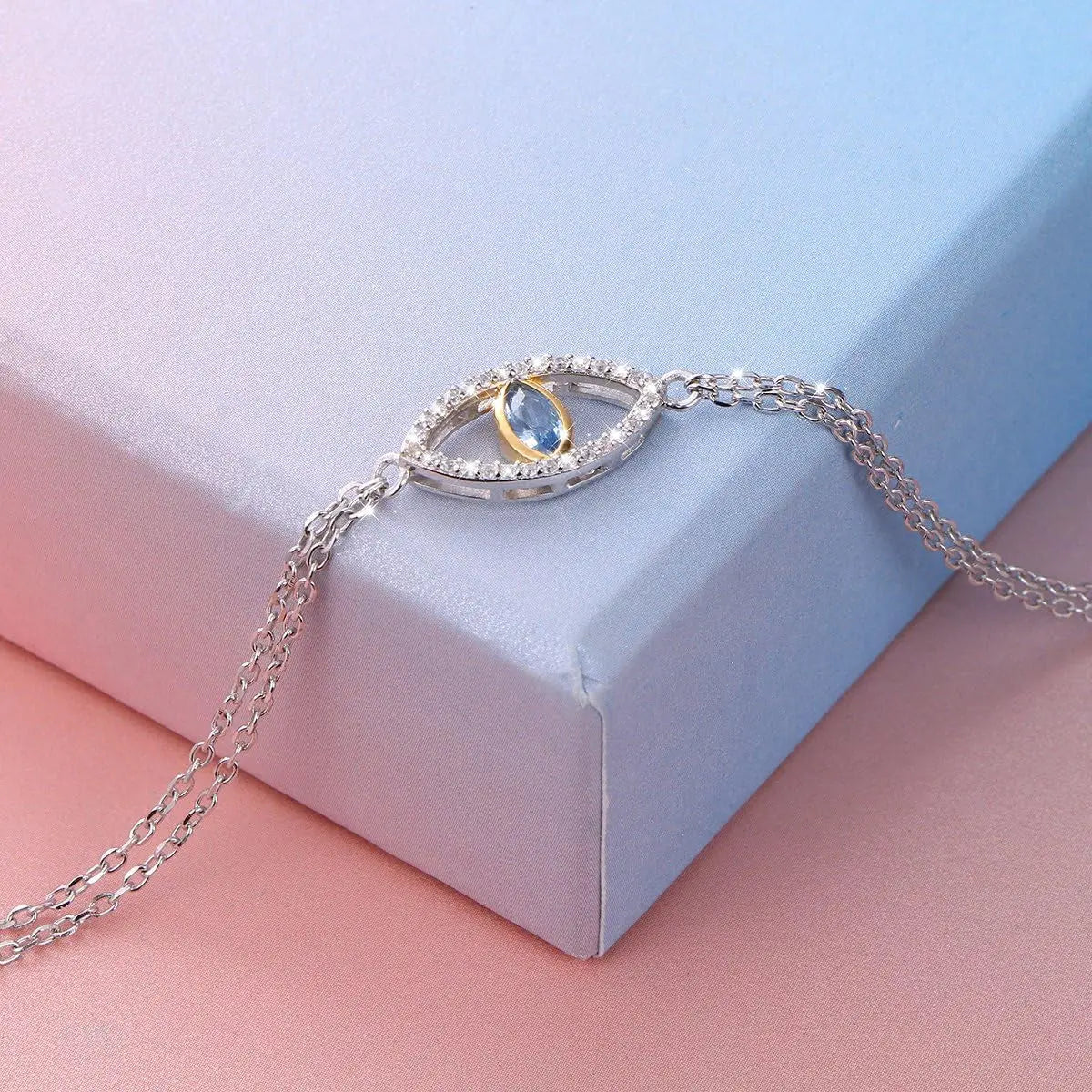 925 Sterling Silver Double Strand Cubic Zirconia Evil Eye Bracelet 