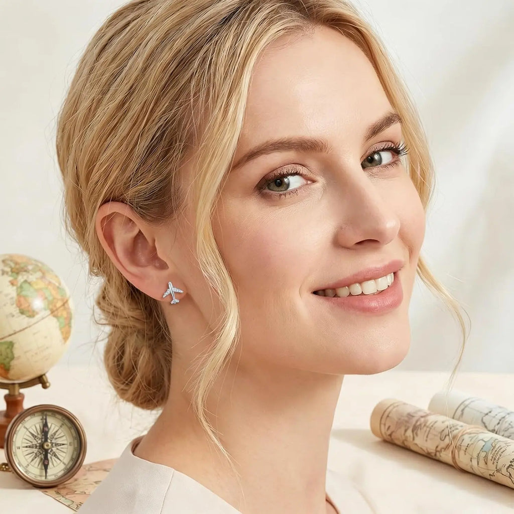 Airplane Earrings 925 Sterling Silver Dangle Drop Stud Earrings